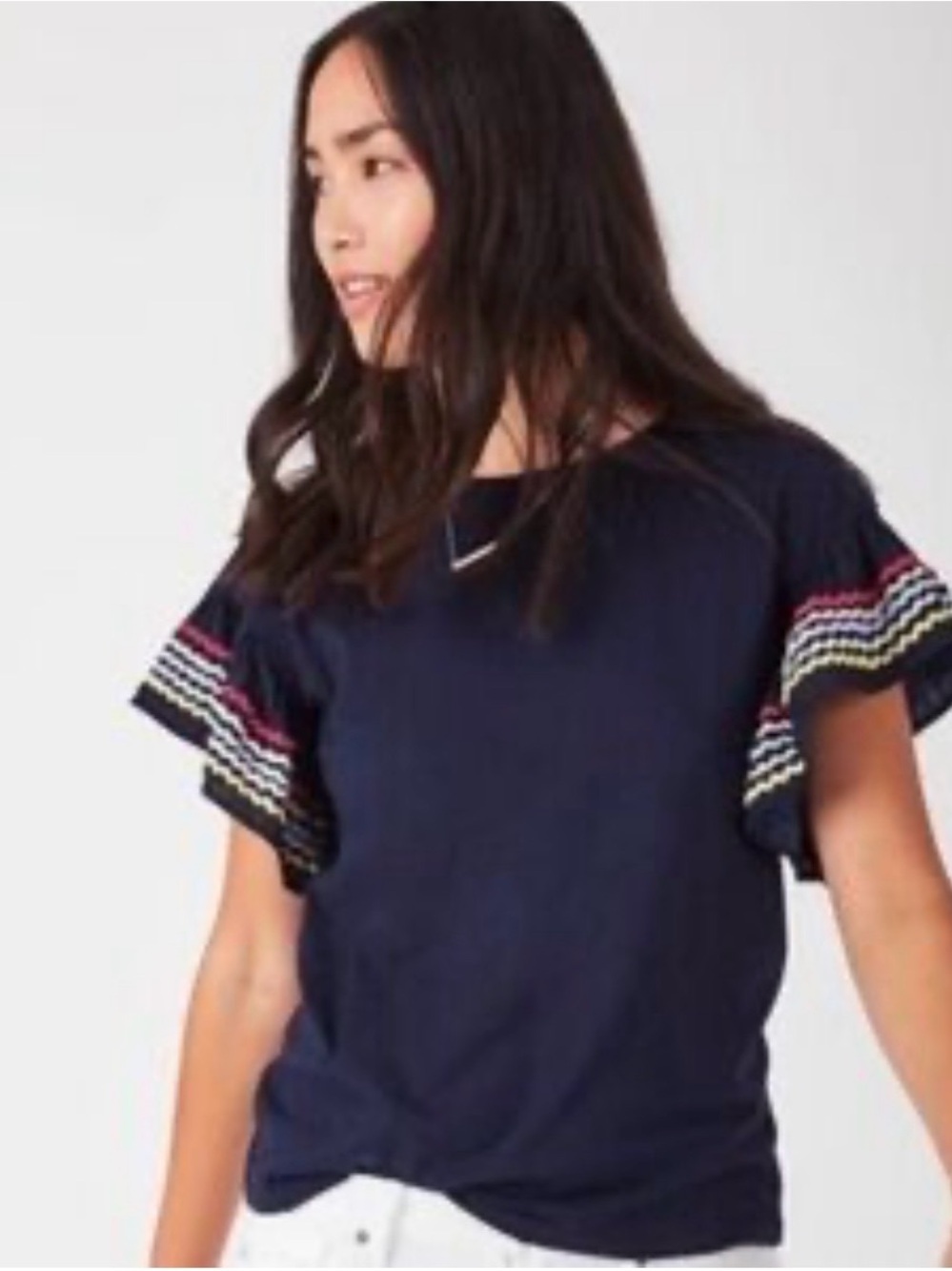 STELLA & DOT 'Everly' Flutter
Ric Rac T-Shirt with Patterned Sleeves-Medium